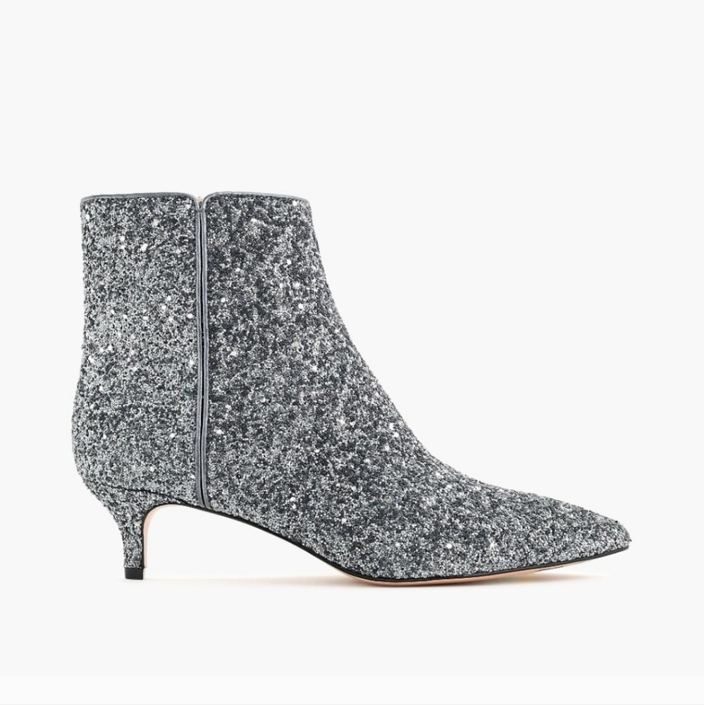 NWT $228 J Crew Glitter Fiona Kitten Heel Boots Booties Size 9.5 In Gray Silver